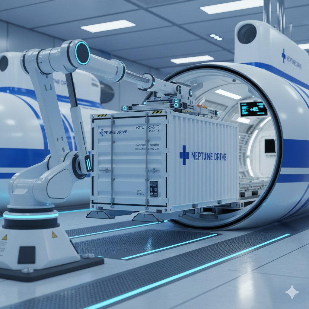 Robotic arm loading a Neptune Drive container